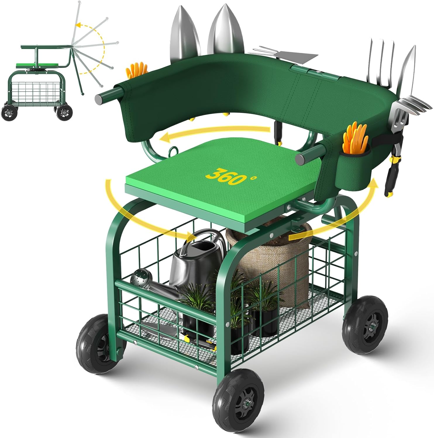 Gardening Tools For Seniors - เก้าอี้สวนพร้อมล้อเลื่อน หมุนได้ 360 องศา ° เก้าอี้หมุนพร้อมพนักพิง,